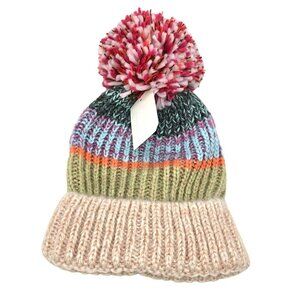 Colorful Striped Knit Beanie Hat For Pom Pom Adults One Size Forever 21 JJ3776